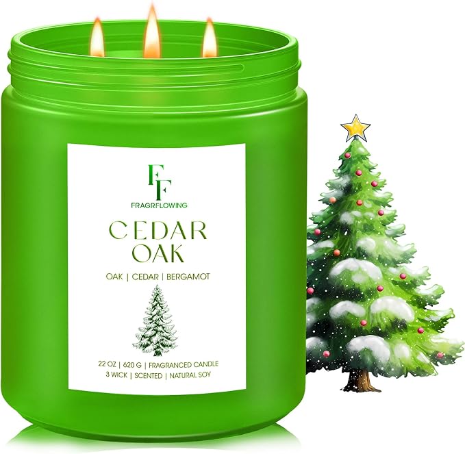 Cedar Oak Large Christmas Tree Candle, 3-Wick 22oz Long Lasting Scented Candle, Natural Soy Wax Aromatherapy Candle for Home