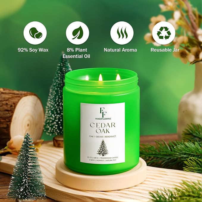 Cedar Oak Large Christmas Tree Candle, 3-Wick 22oz Long Lasting Scented Candle, Natural Soy Wax Aromatherapy Candle for Home