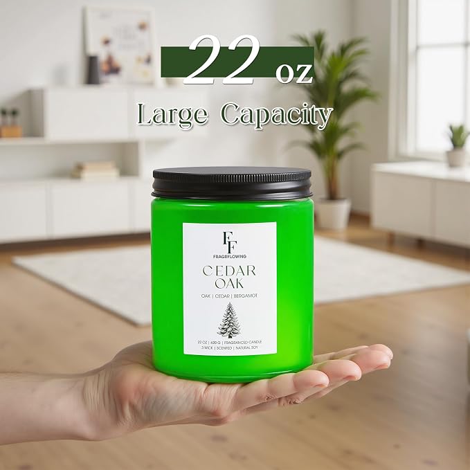 Cedar Oak Large Christmas Tree Candle, 3-Wick 22oz Long Lasting Scented Candle, Natural Soy Wax Aromatherapy Candle for Home