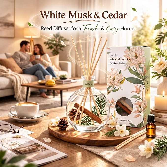 Cedar Wood & White Musk Essential Oil Reed Diffuser for Home&Office, Luxury Hotel Collection Diffuser Oil Inspired by Ritz