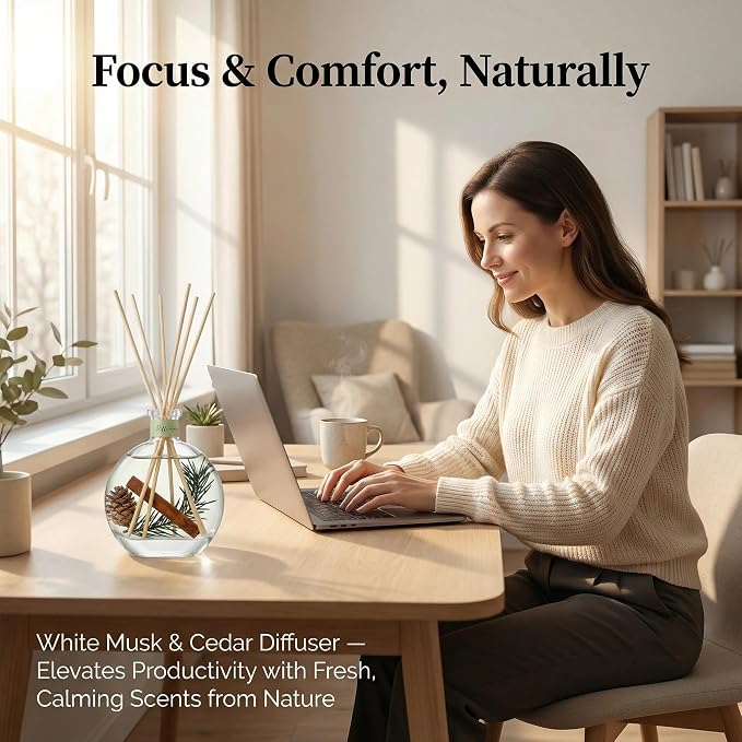 Cedar Wood & White Musk Essential Oil Reed Diffuser for Home&Office, Luxury Hotel Collection Diffuser Oil Inspired by Ritz