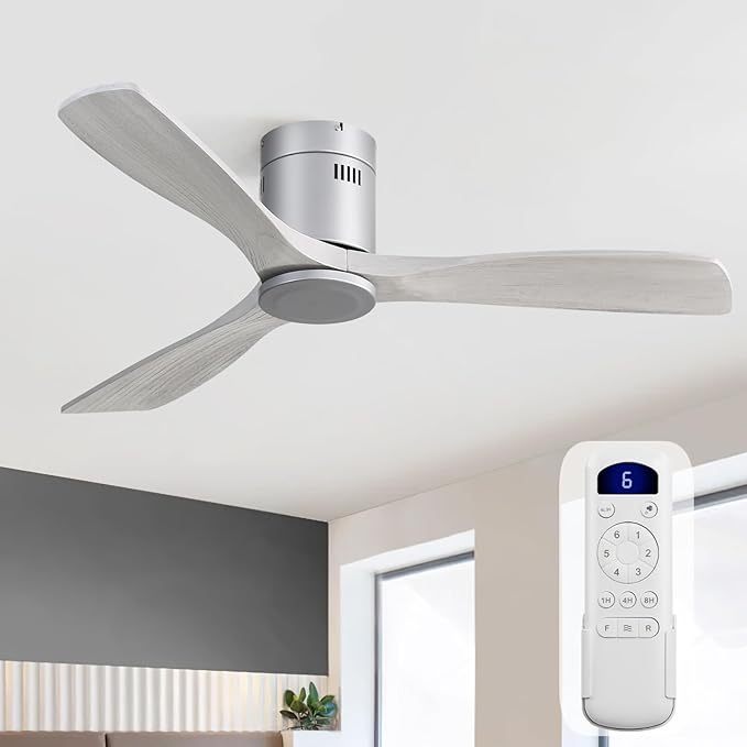 Ceiling Fan, 52 Inch, Low Profile, DC, 3 Carved Wood Blades, Flush Mount, Noiseless, Reversible Motor, Remote Control