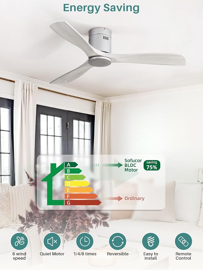 Ceiling Fan, 52 Inch, Low Profile, DC, 3 Carved Wood Blades, Flush Mount, Noiseless, Reversible Motor, Remote Control