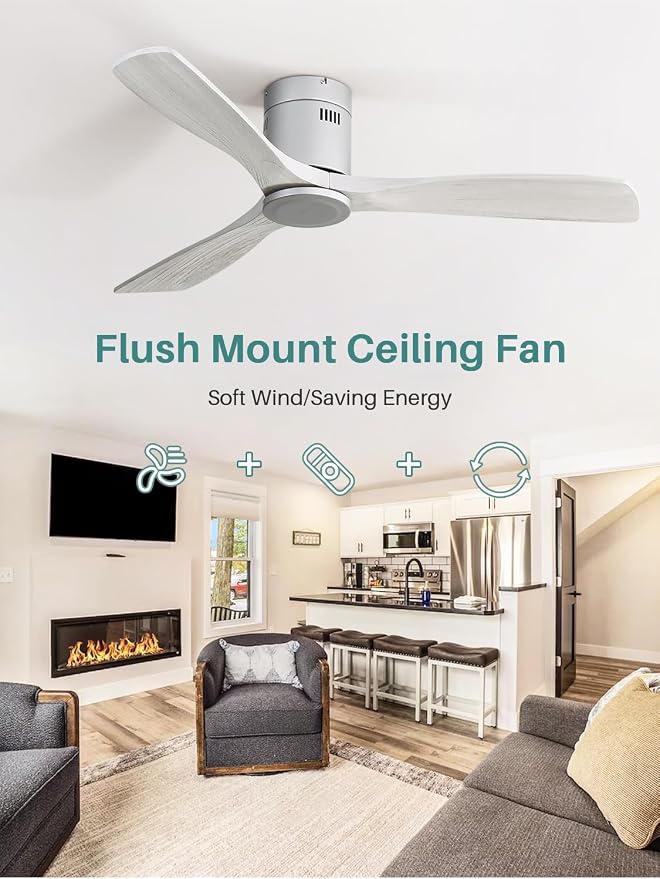Ceiling Fan, 52 Inch, Low Profile, DC, 3 Carved Wood Blades, Flush Mount, Noiseless, Reversible Motor, Remote Control