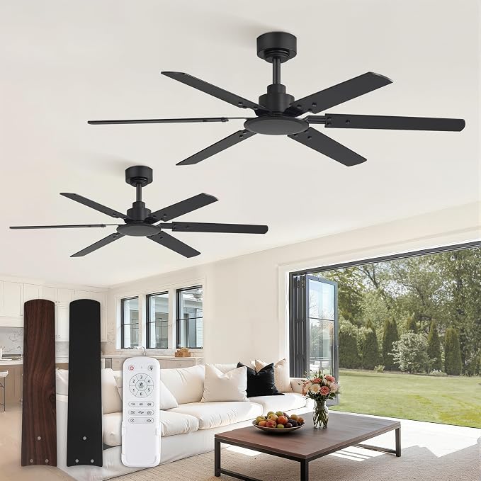 Ceiling Fan No Light, 48 Inch Indoor/Outdoor 6 Blades Ceiling Fan with Remote, 6-Speeds, Quiet Reversible DC Motor, Fans