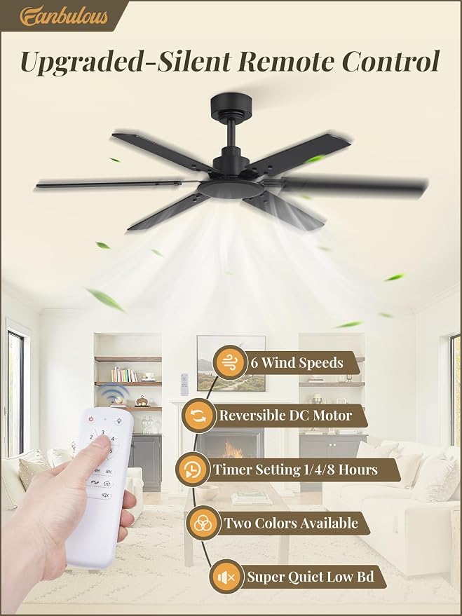 Ceiling Fan No Light, 48 Inch Indoor/Outdoor 6 Blades Ceiling Fan with Remote, 6-Speeds, Quiet Reversible DC Motor, Fans