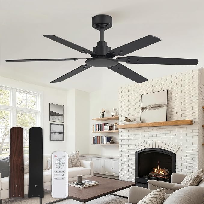 Ceiling Fan No Light, 48 Inch Indoor/Outdoor 6 Blades Ceiling Fan with Remote, 6-Speeds, Quiet Reversible DC