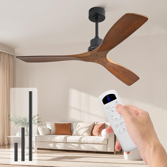 Ceiling Fan no Lights, 52 Inch Low Profile Flush Mount Modern Wood Ceiling Fan with Remote for Indoor Farmhouse Bedroom