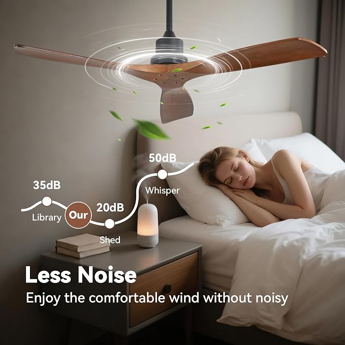Ceiling Fan no Lights, 52 Inch Low Profile Flush Mount Modern Wood Ceiling Fan with Remote for Indoor Farmhouse Bedroom