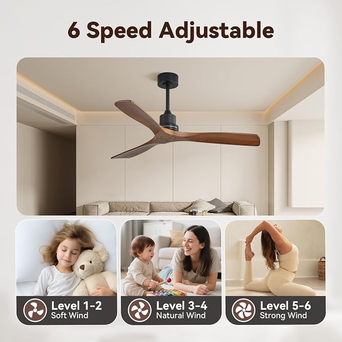Ceiling Fan no Lights, 52 Inch Low Profile Flush Mount Modern Wood Ceiling Fan with Remote for Indoor Farmhouse Bedroom