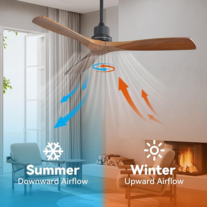 Ceiling Fan no Lights, 52 Inch Low Profile Flush Mount Modern Wood Ceiling Fan with Remote for Indoor Farmhouse Bedroom