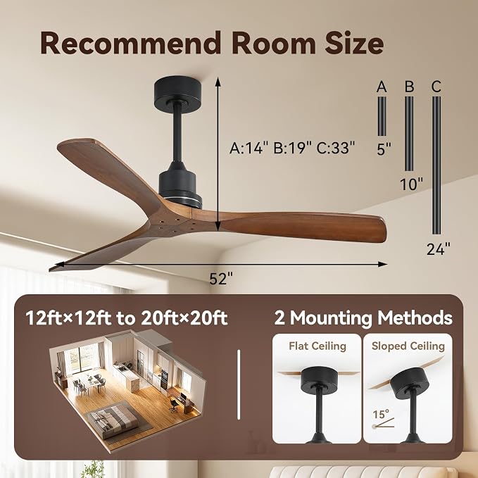 Ceiling Fan no Lights, 52 Inch Low Profile Flush Mount Modern Wood Ceiling Fan with Remote for Indoor Farmhouse Bedroom