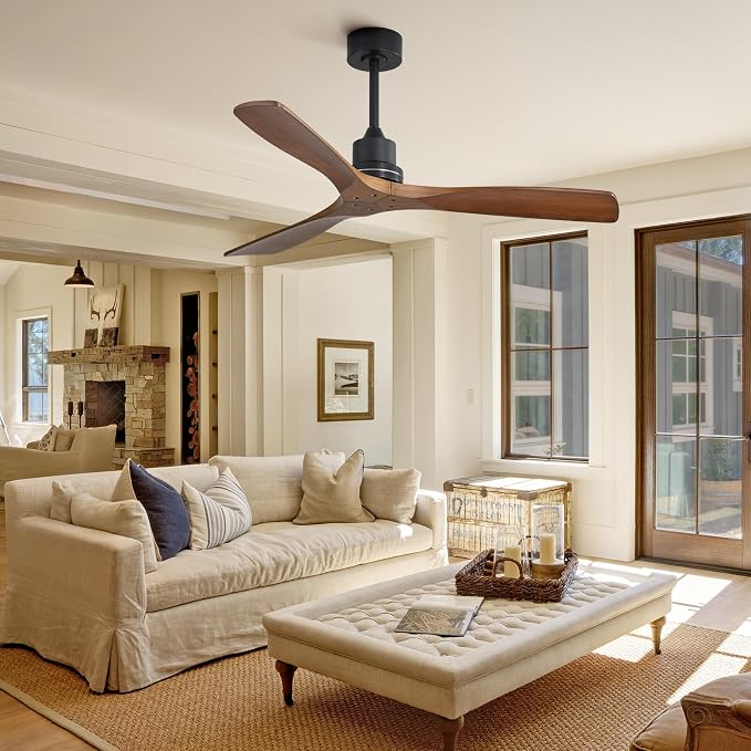 Ceiling Fan no Lights, 52 Inch Low Profile Flush Mount Modern Wood Ceiling Fan with Remote for Indoor Farmhouse Bedroom