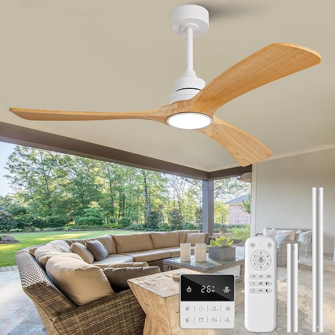 Ceiling Fan with Light 52 inch,Remote Control,Wall Switch,Solid Wood Blades,Dimmable,Reversible Quiet DC Motor,Power off