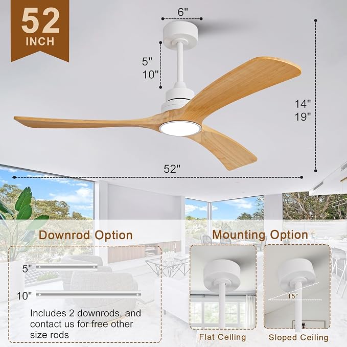 Ceiling Fan with Light 52 inch,Remote Control,Wall Switch,Solid Wood Blades,Dimmable,Reversible Quiet DC Motor,Power off