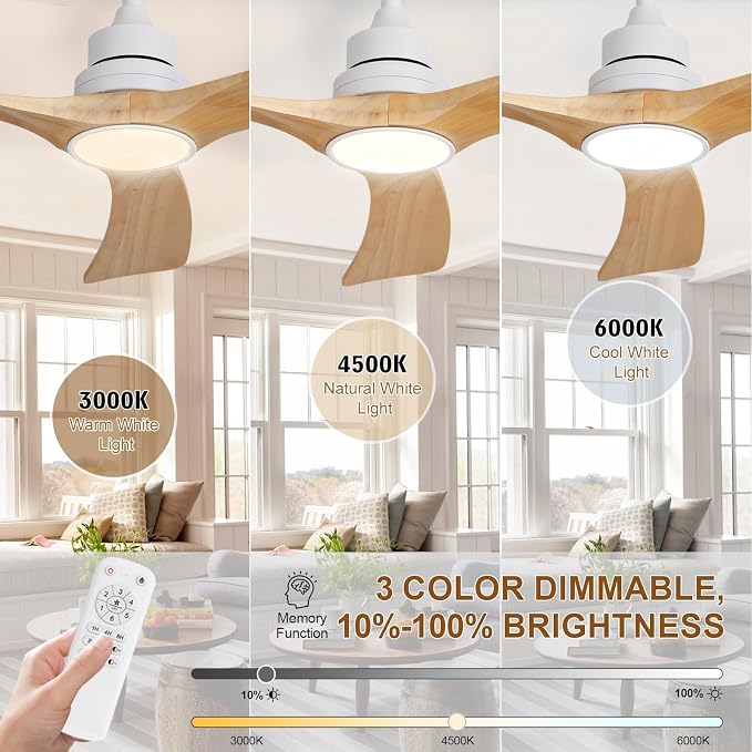 Ceiling Fan with Light 52 inch,Remote Control,Wall Switch,Solid Wood Blades,Dimmable,Reversible Quiet DC Motor,Power off