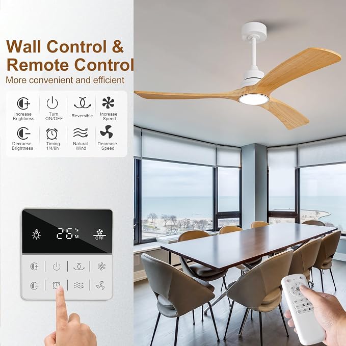 Ceiling Fan with Light 52 inch,Remote Control,Wall Switch,Solid Wood Blades,Dimmable,Reversible Quiet DC Motor,Power off