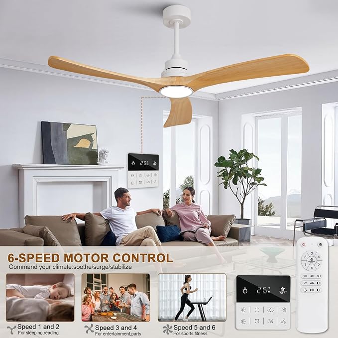 Ceiling Fan with Light 52 inch,Remote Control,Wall Switch,Solid Wood Blades,Dimmable,Reversible Quiet DC Motor,Power off