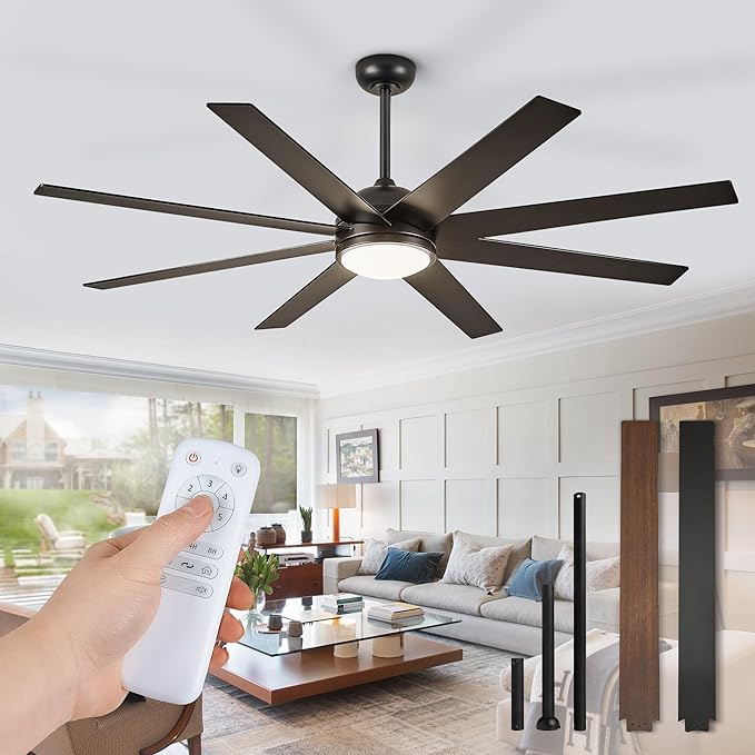 Ceiling Fan with Light, 72 inch Large Black Ceiling Fan with Light and Remote, Indoor/Outdoor use for Living Room Patio, 6