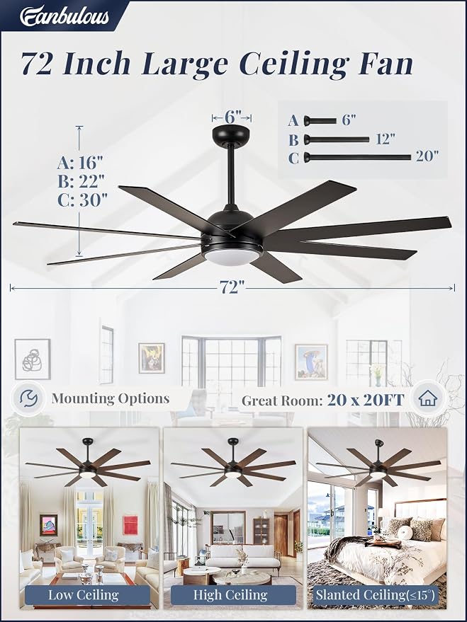 Ceiling Fan with Light, 72 inch Large Black Ceiling Fan with Light and Remote, Indoor/Outdoor use for Living Room Patio, 6