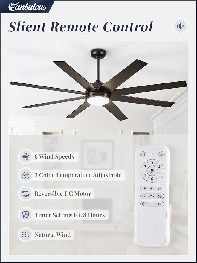 Ceiling Fan with Light, 72 inch Large Black Ceiling Fan with Light and Remote, Indoor/Outdoor use for Living Room Patio, 6