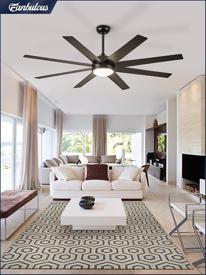 Ceiling Fan with Light, 72 inch Large Black Ceiling Fan with Light and Remote, Indoor/Outdoor use for Living Room Patio, 6