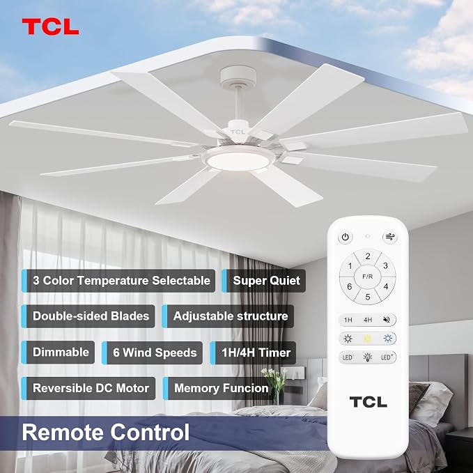 Ceiling Fan with Light and Remote: 72 inch 8 Blades Smart Quiet Fan with Dimmable LED Lights for Bedroom Gazebo Patio Garage