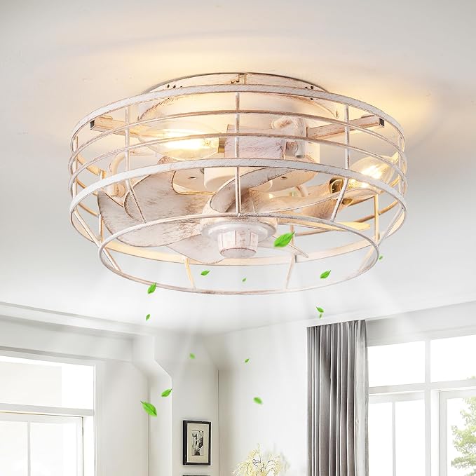 Ceiling Fan with Light and Remote, Modern Flush Mount Fan Lights Cage Ceiling Fixture, Bladeless 12 in 6 Speeds Fans with