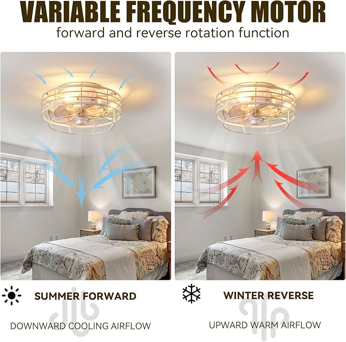Ceiling Fan with Light and Remote, Modern Flush Mount Fan Lights Cage Ceiling Fixture, Bladeless 12 in 6 Speeds Fans with