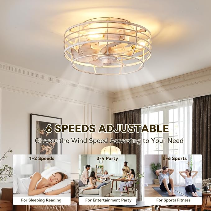 Ceiling Fan with Light and Remote, Modern Flush Mount Fan Lights Cage Ceiling Fixture, Bladeless 12 in 6 Speeds Fans with