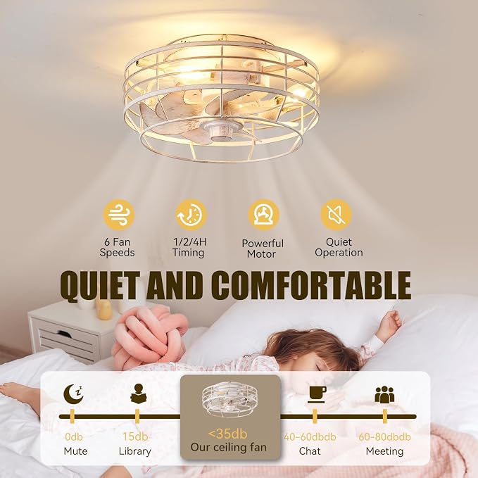 Ceiling Fan with Light and Remote, Modern Flush Mount Fan Lights Cage Ceiling Fixture, Bladeless 12 in 6 Speeds Fans with