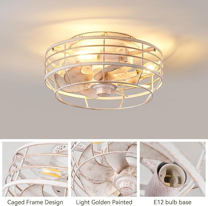 Ceiling Fan with Light and Remote, Modern Flush Mount Fan Lights Cage Ceiling Fixture, Bladeless 12 in 6 Speeds Fans with
