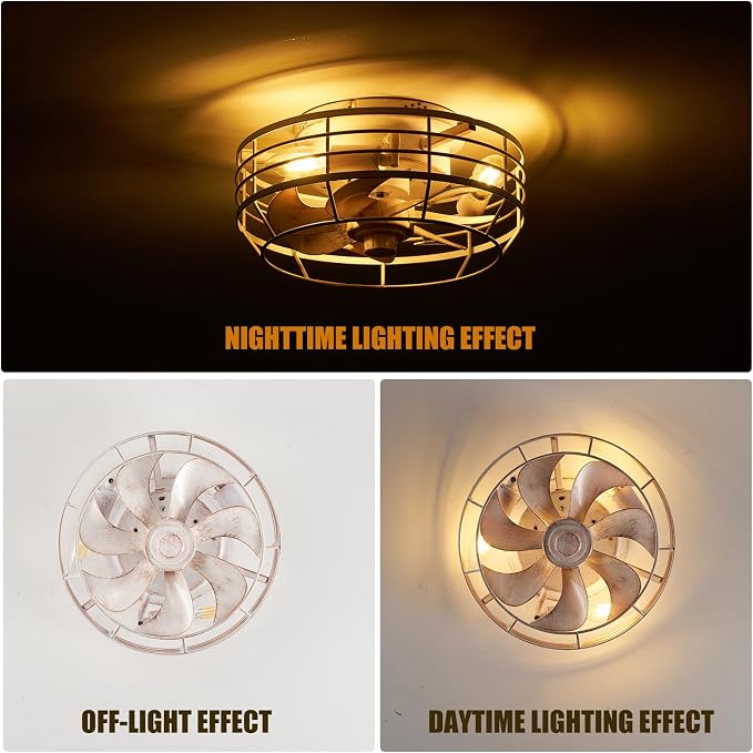 Ceiling Fan with Light and Remote, Modern Flush Mount Fan Lights Cage Ceiling Fixture, Bladeless 12 in 6 Speeds Fans with
