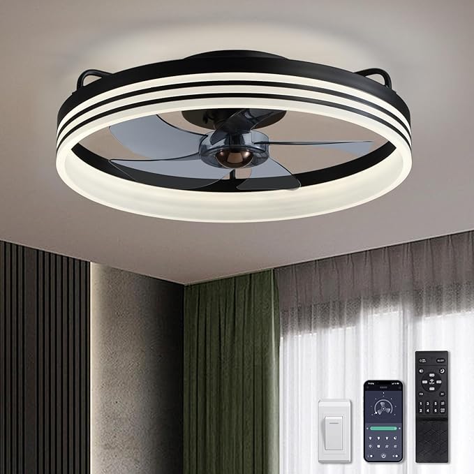 Ceiling Fan with Light, Flush Mounted Ceiling Fan with Lights, 6 Wind Speeds Smart Low Profile Fan for Bedroom, Kids Room and