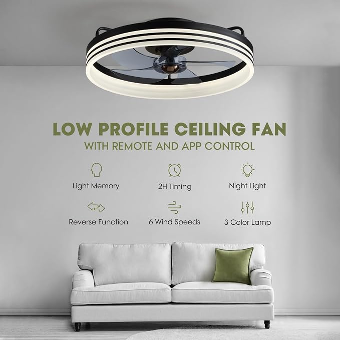 Ceiling Fan with Light, Flush Mounted Ceiling Fan with Lights, 6 Wind Speeds Smart Low Profile Fan for Bedroom, Kids Room and