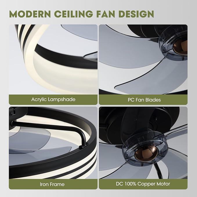 Ceiling Fan with Light, Flush Mounted Ceiling Fan with Lights, 6 Wind Speeds Smart Low Profile Fan for Bedroom, Kids Room and
