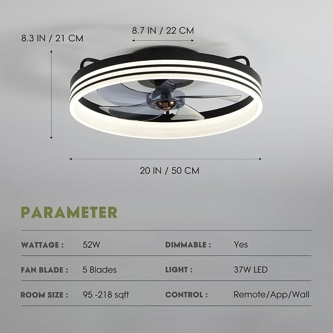 Ceiling Fan with Light, Flush Mounted Ceiling Fan with Lights, 6 Wind Speeds Smart Low Profile Fan for Bedroom, Kids Room and