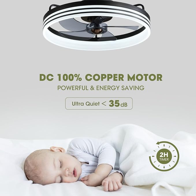 Ceiling Fan with Light, Flush Mounted Ceiling Fan with Lights, 6 Wind Speeds Smart Low Profile Fan for Bedroom, Kids Room and