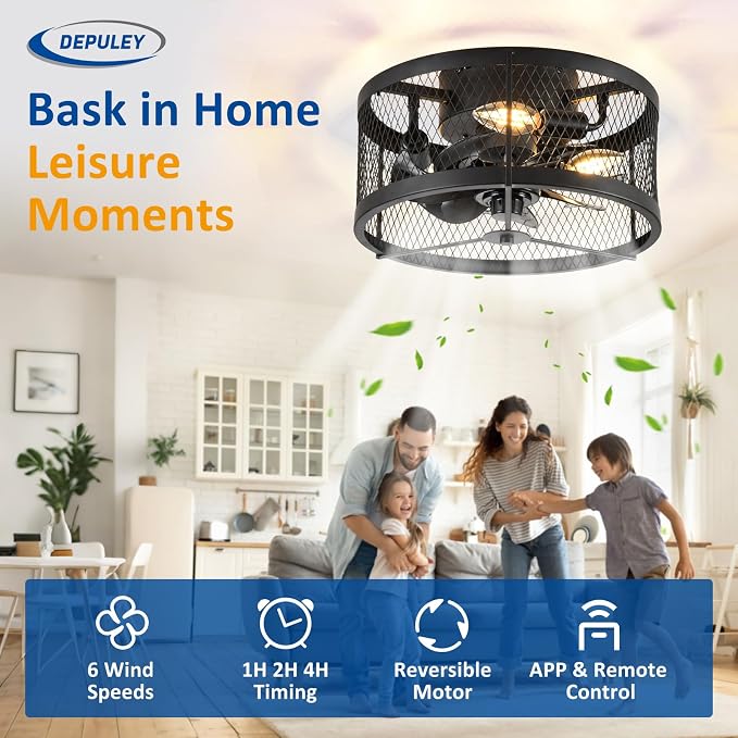 Ceiling Fan with Light Outdoor: 13" Caged Ceiling Fans with Remote App Control for Patio Kitchen Bedroom - Farmhouse
