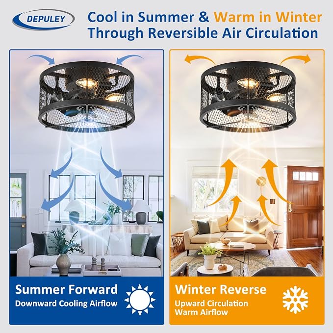 Ceiling Fan with Light Outdoor: 13" Caged Ceiling Fans with Remote App Control for Patio Kitchen Bedroom - Farmhouse