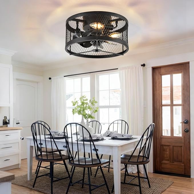Ceiling Fan with Light Outdoor: 13" Caged Ceiling Fans with Remote App Control for Patio Kitchen Bedroom - Farmhouse
