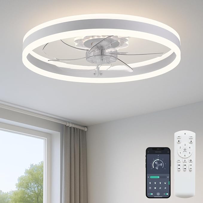 Ceiling Fan with Light, Upgraded 20‘’ Low Profile Fan, Flush Mount Ceiling Fan, 6 Speeds, Dimmable LED, App &