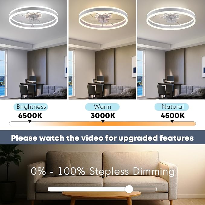 Ceiling Fan with Light, Upgraded 20‘’ Low Profile Fan, Flush Mount Ceiling Fan, 6 Speeds, Dimmable LED, App &, alternate view