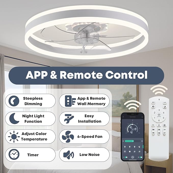 Ceiling Fan with Light, Upgraded 20‘’ Low Profile Fan, Flush Mount Ceiling Fan, 6 Speeds, Dimmable LED, App &, alternate view