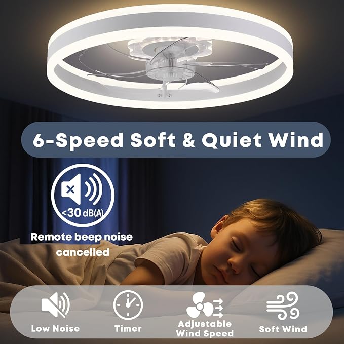 Ceiling Fan with Light, Upgraded 20‘’ Low Profile Fan, Flush Mount Ceiling Fan, 6 Speeds, Dimmable LED, App &, alternate view