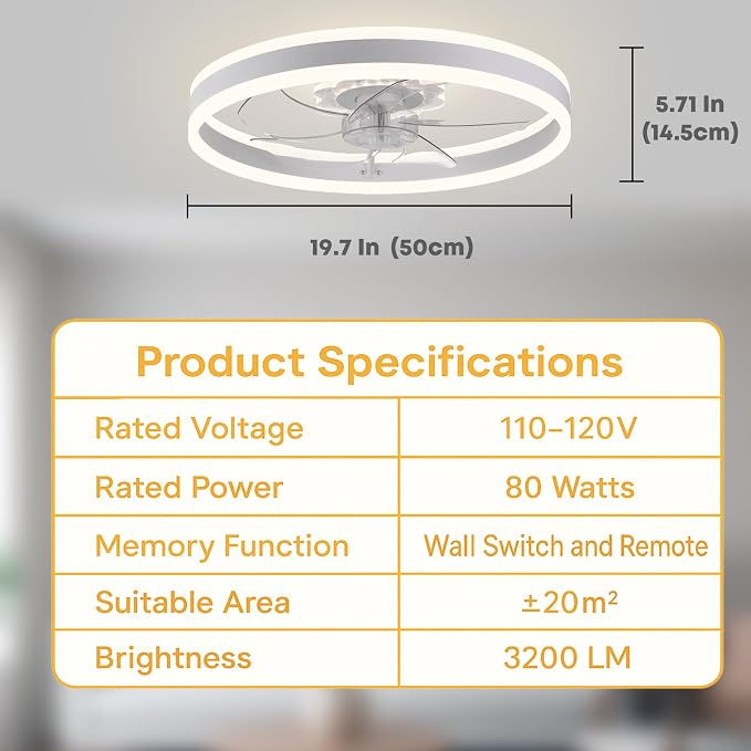 Ceiling Fan with Light, Upgraded 20‘’ Low Profile Fan, Flush Mount Ceiling Fan, 6 Speeds, Dimmable LED, App &, alternate view