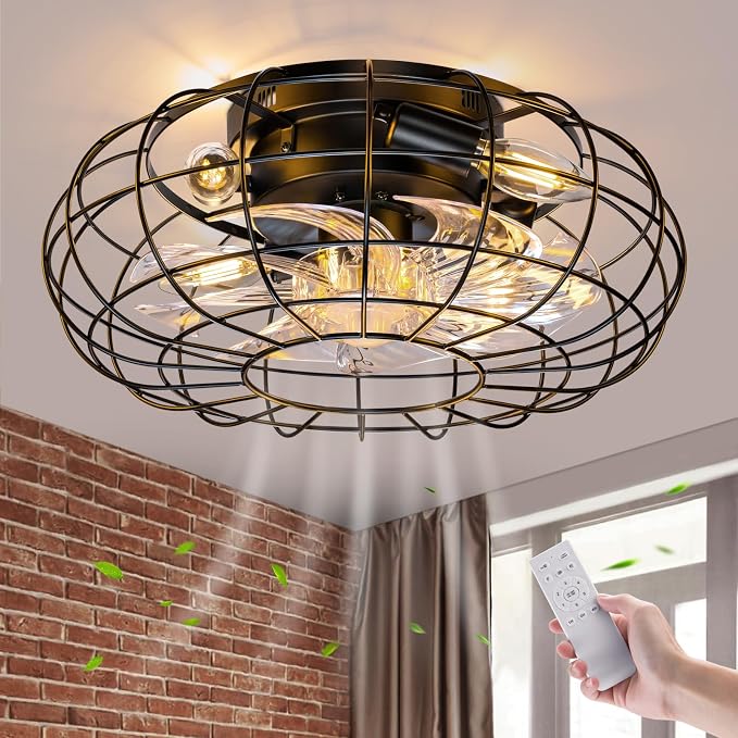 Ceiling Fan with Lights, 16 Inch Caged Ceiling Fan Lights Remote Control Small Industrial Ceiling Fan Light Fixture Flush