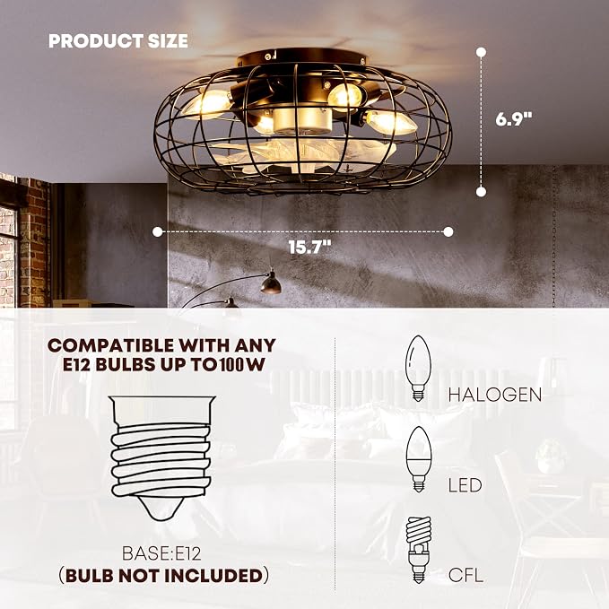 Ceiling Fan with Lights, 16 Inch Caged Ceiling Fan Lights Remote Control Small Industrial Ceiling Fan Light Fixture Flush