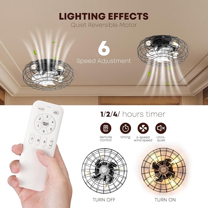 Ceiling Fan with Lights, 16 Inch Caged Ceiling Fan Lights Remote Control Small Industrial Ceiling Fan Light Fixture Flush