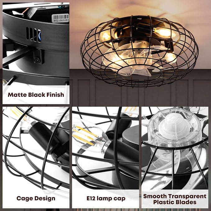 Ceiling Fan with Lights, 16 Inch Caged Ceiling Fan Lights Remote Control Small Industrial Ceiling Fan Light Fixture Flush